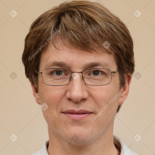 Joyful white adult female with short  brown hair and brown eyes