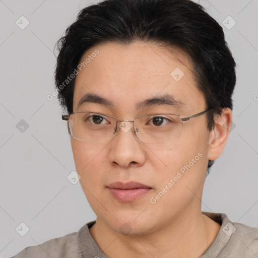 Neutral asian young-adult male with short  brown hair and brown eyes