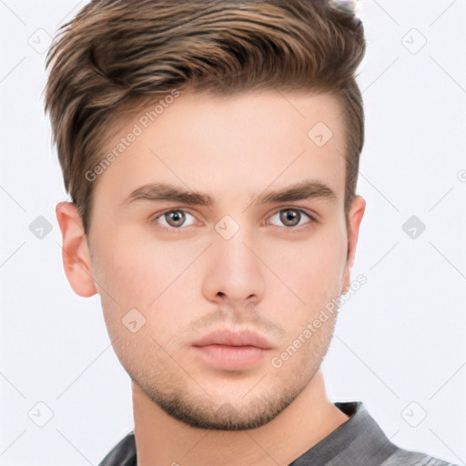 Neutral white young-adult male with short  brown hair and brown eyes