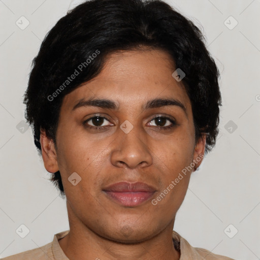 Joyful latino young-adult female with short  black hair and brown eyes