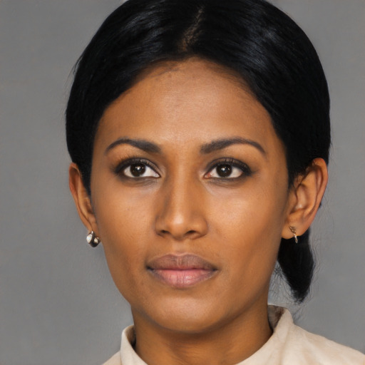 Neutral asian young-adult female with short  black hair and brown eyes