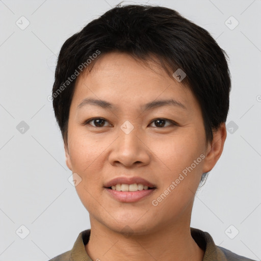 Joyful asian young-adult female with short  brown hair and brown eyes