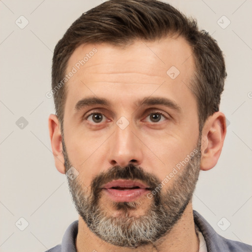 Neutral white adult male with short  brown hair and brown eyes