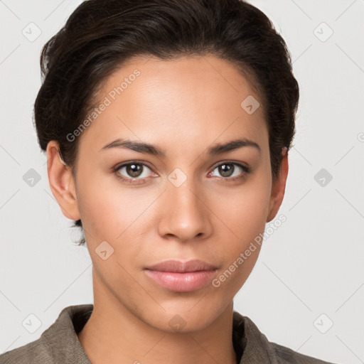 Neutral white young-adult female with short  brown hair and brown eyes