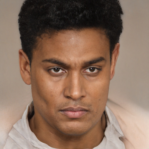 Neutral latino young-adult male with short  brown hair and brown eyes