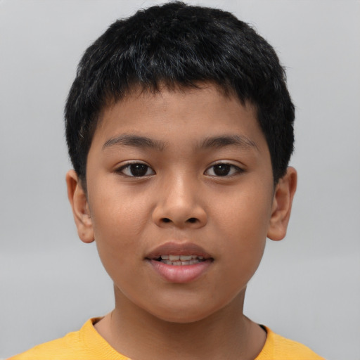 Joyful asian child male with short  brown hair and brown eyes