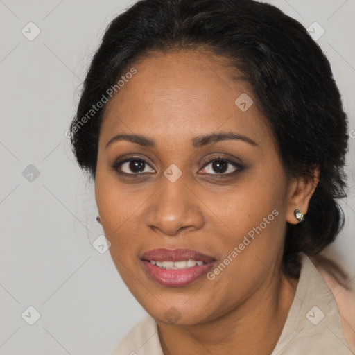 Joyful black young-adult female with medium  brown hair and brown eyes