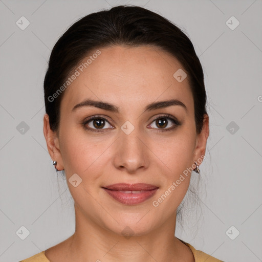 Joyful white young-adult female with medium  brown hair and brown eyes