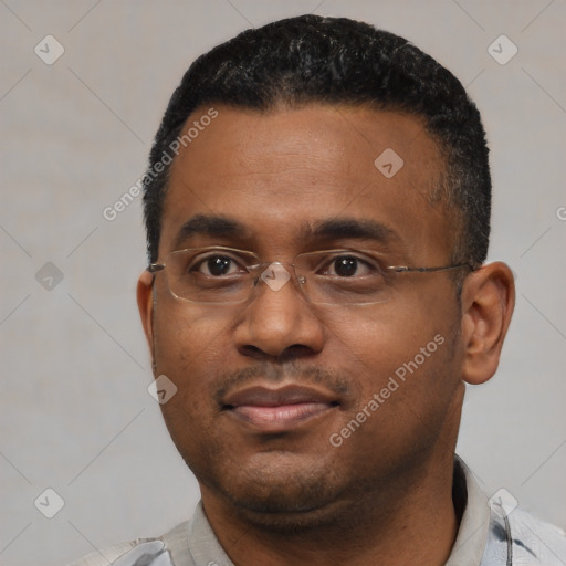 Neutral black young-adult male with short  black hair and brown eyes
