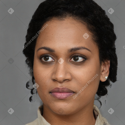 Joyful latino young-adult female with long  brown hair and brown eyes