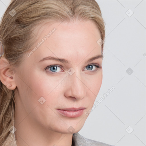 Neutral white young-adult female with long  brown hair and blue eyes