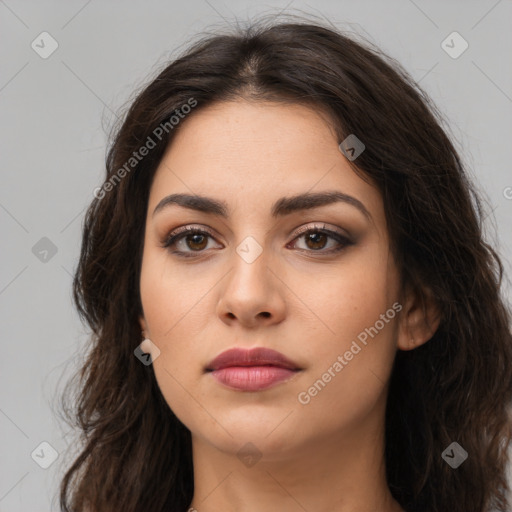 Neutral white young-adult female with long  brown hair and brown eyes