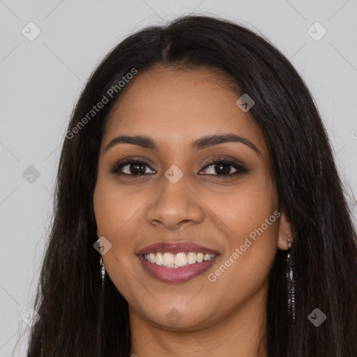 Joyful latino young-adult female with long  brown hair and brown eyes