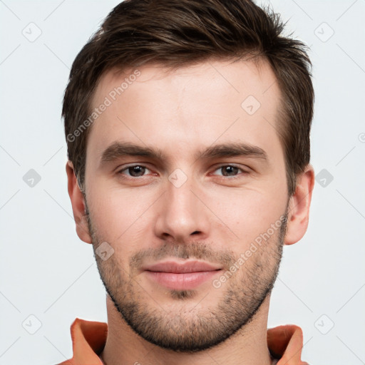 Neutral white young-adult male with short  brown hair and brown eyes