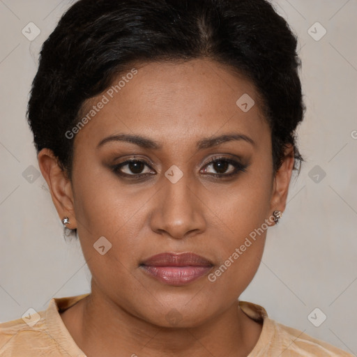 Joyful latino young-adult female with short  brown hair and brown eyes