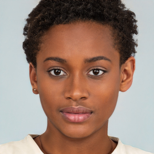 Neutral black young-adult female with short  brown hair and brown eyes