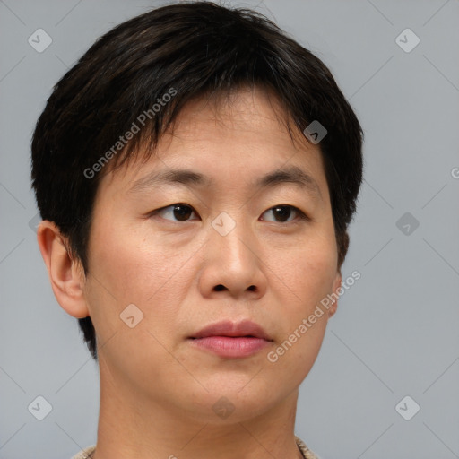 Neutral asian adult male with short  brown hair and brown eyes