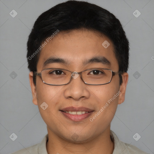 Joyful asian young-adult male with short  brown hair and brown eyes