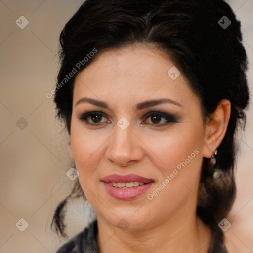 Joyful white adult female with medium  brown hair and brown eyes