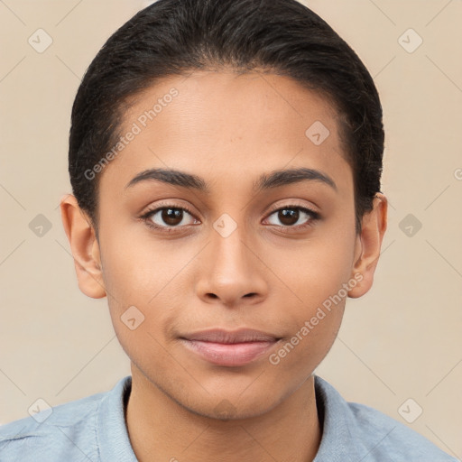 Joyful latino young-adult female with short  brown hair and brown eyes