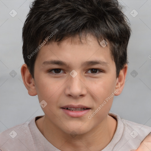 Joyful white child male with short  brown hair and brown eyes