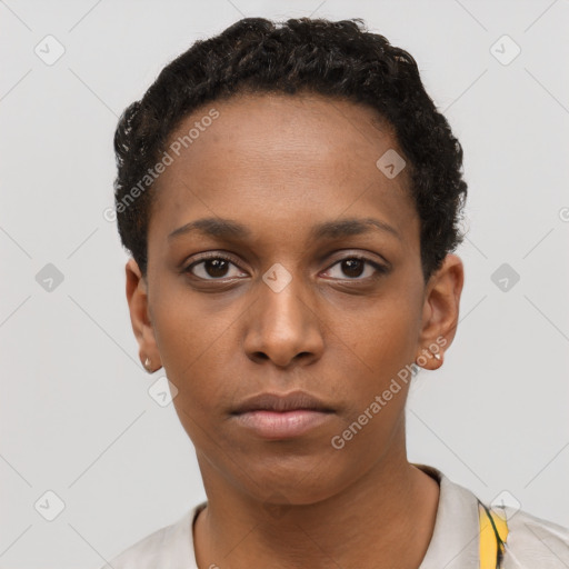 Neutral black young-adult female with short  black hair and brown eyes