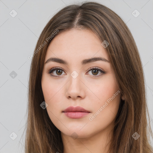 Neutral white young-adult female with long  brown hair and brown eyes