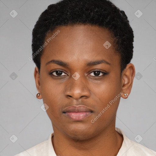 Neutral black young-adult female with short  black hair and brown eyes