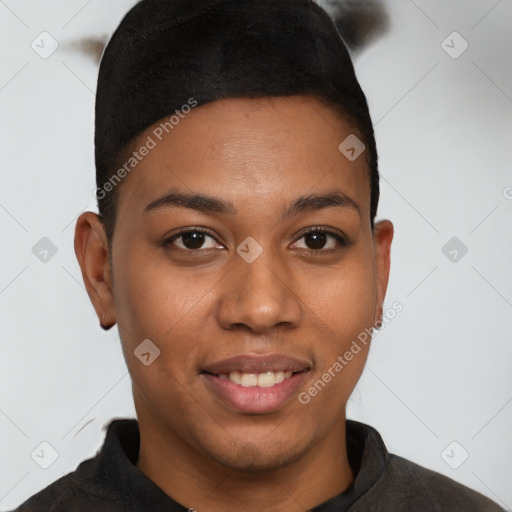 Joyful latino young-adult female with short  brown hair and brown eyes