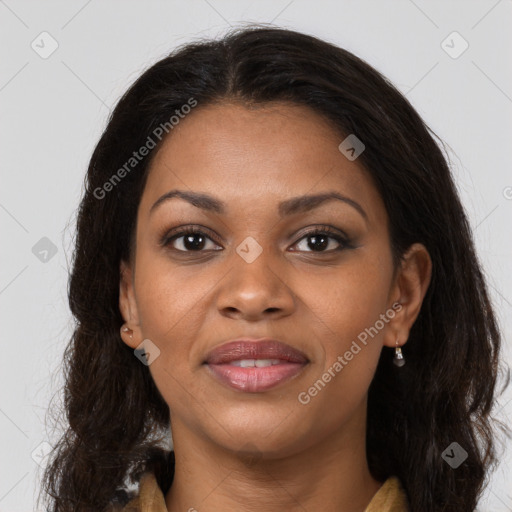 Joyful black young-adult female with medium  brown hair and brown eyes