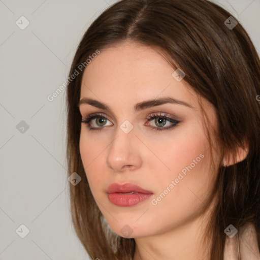 Neutral white young-adult female with medium  brown hair and brown eyes