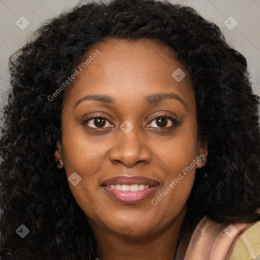 Joyful black young-adult female with long  brown hair and brown eyes