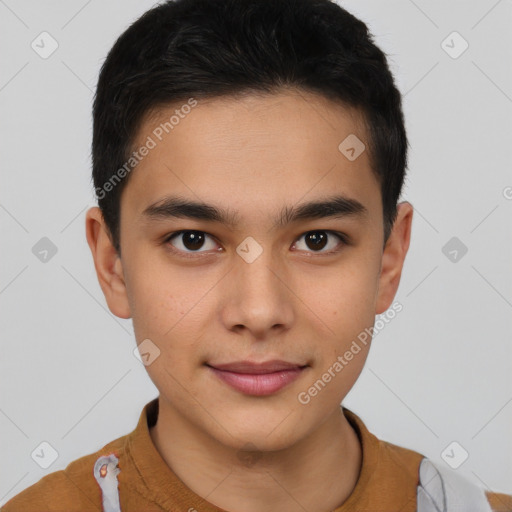 Joyful latino young-adult male with short  brown hair and brown eyes