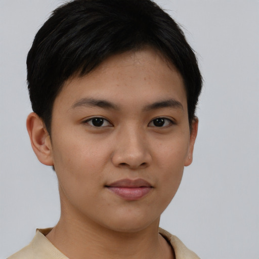 Joyful asian young-adult female with short  brown hair and brown eyes