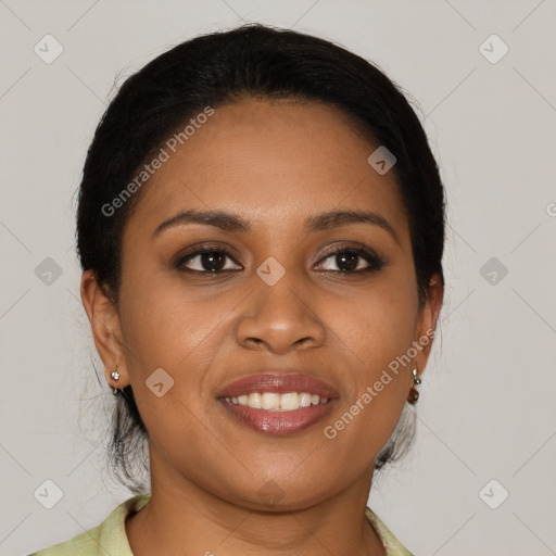 Joyful black young-adult female with medium  brown hair and brown eyes