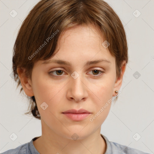 Neutral white young-adult female with medium  brown hair and brown eyes