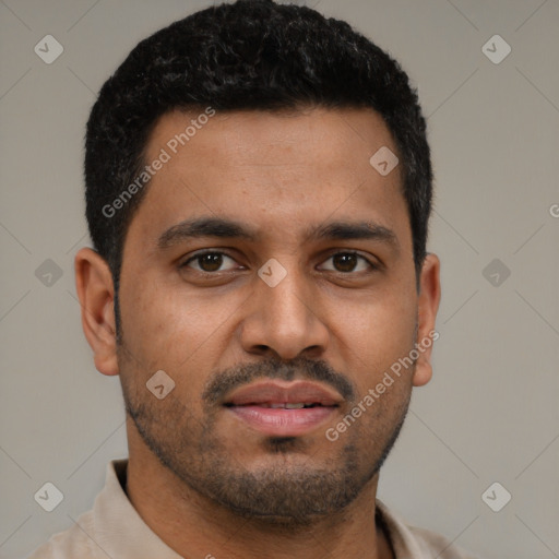 Neutral latino young-adult male with short  brown hair and brown eyes