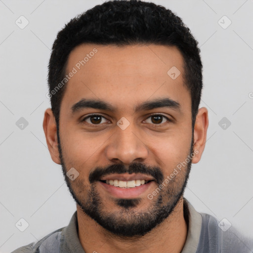 Joyful latino young-adult male with short  black hair and brown eyes