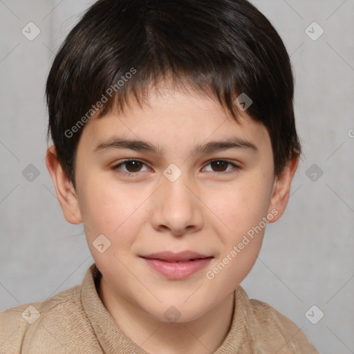 Joyful white child male with short  brown hair and brown eyes