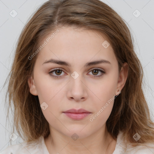 Neutral white young-adult female with medium  brown hair and brown eyes