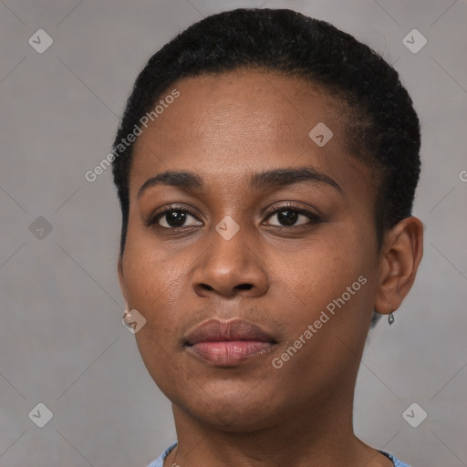 Neutral black young-adult female with short  brown hair and brown eyes