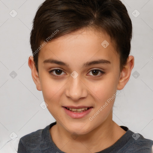 Joyful white child female with short  brown hair and brown eyes