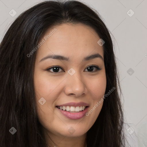 Joyful white young-adult female with long  brown hair and brown eyes