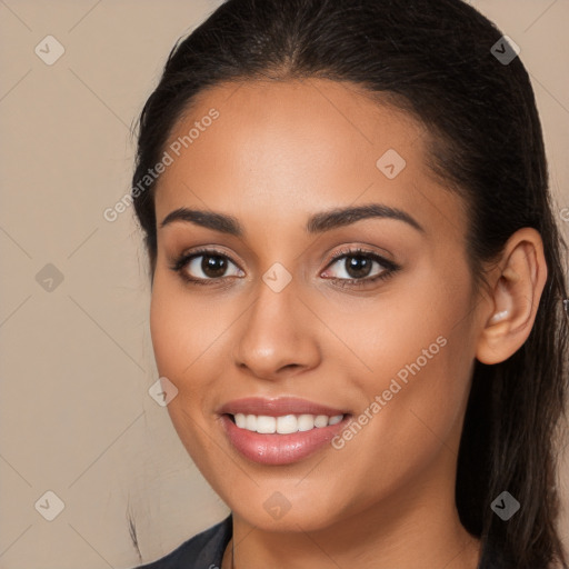 Joyful white young-adult female with long  brown hair and brown eyes