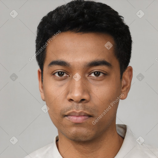Neutral latino young-adult male with short  black hair and brown eyes