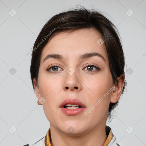 Neutral white young-adult female with medium  brown hair and brown eyes