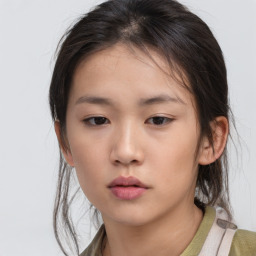 Neutral asian young-adult female with medium  brown hair and brown eyes