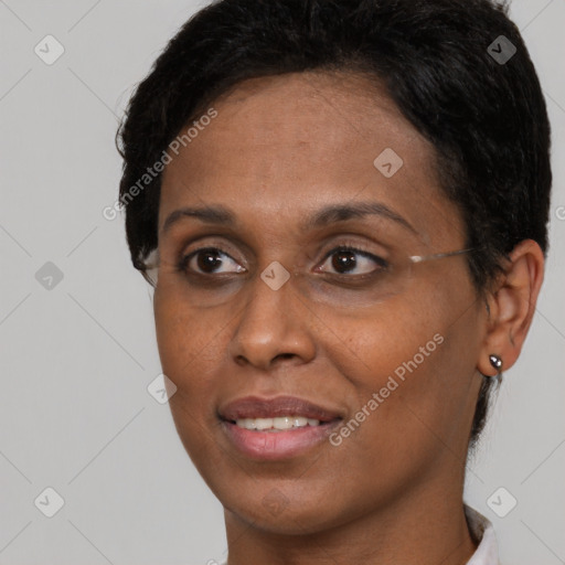 Joyful black adult female with short  brown hair and brown eyes