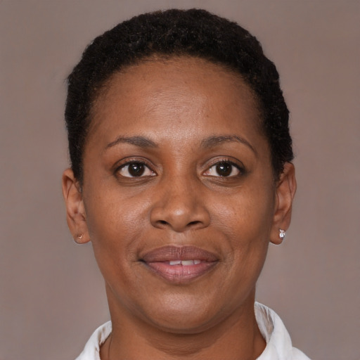 Joyful black adult female with short  brown hair and brown eyes