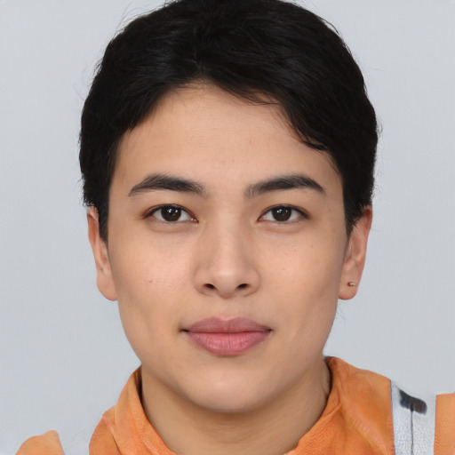 Neutral asian young-adult male with short  black hair and brown eyes
